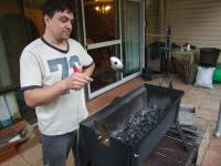Dima and his homemade blower for the shashlik coals-800